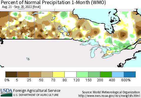 Canada Percent of Normal Precipitation 1-Month (WMO) Thematic Map For 8/21/2022 - 9/20/2022