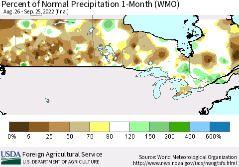 Canada Percent of Normal Precipitation 1-Month (WMO) Thematic Map For 8/26/2022 - 9/25/2022