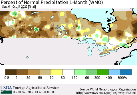 Canada Percent of Normal Precipitation 1-Month (WMO) Thematic Map For 9/6/2022 - 10/5/2022