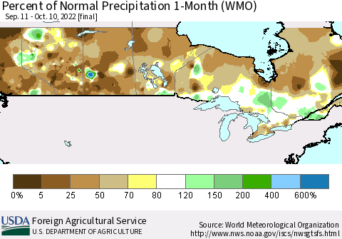 Canada Percent of Normal Precipitation 1-Month (WMO) Thematic Map For 9/11/2022 - 10/10/2022