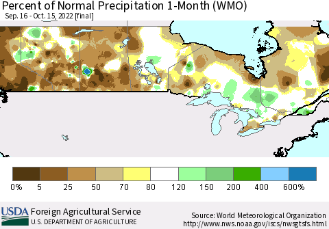 Canada Percent of Normal Precipitation 1-Month (WMO) Thematic Map For 9/16/2022 - 10/15/2022