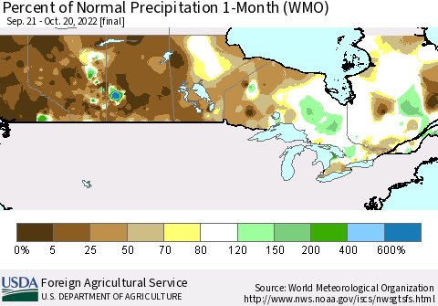 Canada Percent of Normal Precipitation 1-Month (WMO) Thematic Map For 9/21/2022 - 10/20/2022