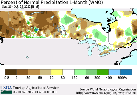 Canada Percent of Normal Precipitation 1-Month (WMO) Thematic Map For 9/26/2022 - 10/25/2022