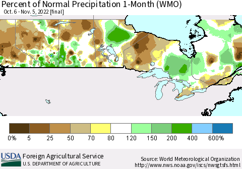 Canada Percent of Normal Precipitation 1-Month (WMO) Thematic Map For 10/6/2022 - 11/5/2022