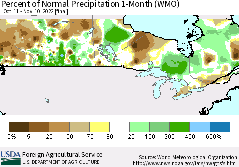 Canada Percent of Normal Precipitation 1-Month (WMO) Thematic Map For 10/11/2022 - 11/10/2022
