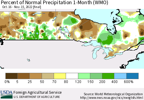Canada Percent of Normal Precipitation 1-Month (WMO) Thematic Map For 10/16/2022 - 11/15/2022