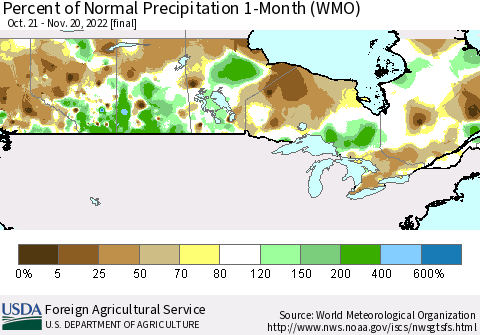 Canada Percent of Normal Precipitation 1-Month (WMO) Thematic Map For 10/21/2022 - 11/20/2022