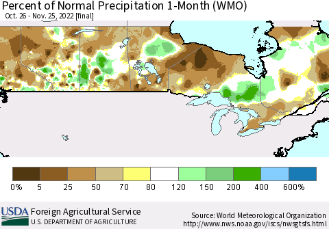 Canada Percent of Normal Precipitation 1-Month (WMO) Thematic Map For 10/26/2022 - 11/25/2022