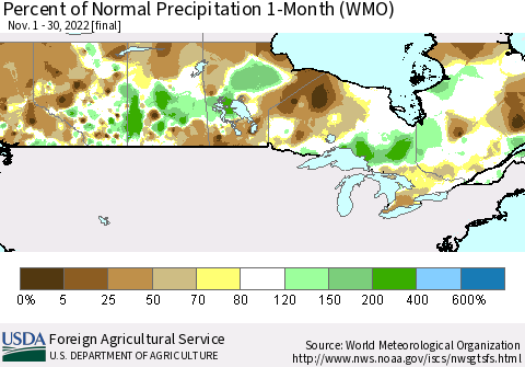 Canada Percent of Normal Precipitation 1-Month (WMO) Thematic Map For 11/1/2022 - 11/30/2022