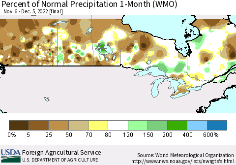 Canada Percent of Normal Precipitation 1-Month (WMO) Thematic Map For 11/6/2022 - 12/5/2022