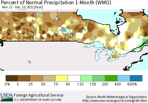 Canada Percent of Normal Precipitation 1-Month (WMO) Thematic Map For 11/11/2022 - 12/10/2022