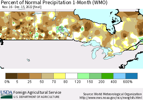 Canada Percent of Normal Precipitation 1-Month (WMO) Thematic Map For 11/16/2022 - 12/15/2022