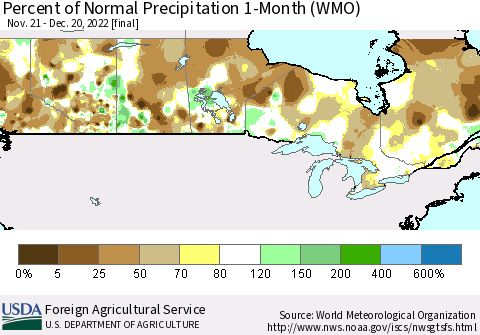 Canada Percent of Normal Precipitation 1-Month (WMO) Thematic Map For 11/21/2022 - 12/20/2022