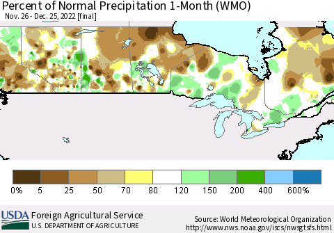 Canada Percent of Normal Precipitation 1-Month (WMO) Thematic Map For 11/26/2022 - 12/25/2022