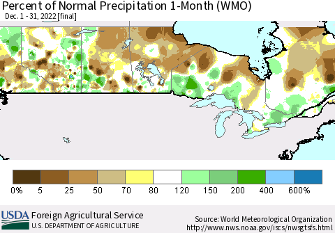 Canada Percent of Normal Precipitation 1-Month (WMO) Thematic Map For 12/1/2022 - 12/31/2022