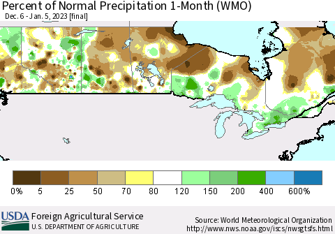 Canada Percent of Normal Precipitation 1-Month (WMO) Thematic Map For 12/6/2022 - 1/5/2023