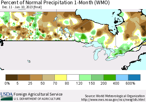Canada Percent of Normal Precipitation 1-Month (WMO) Thematic Map For 12/11/2022 - 1/10/2023