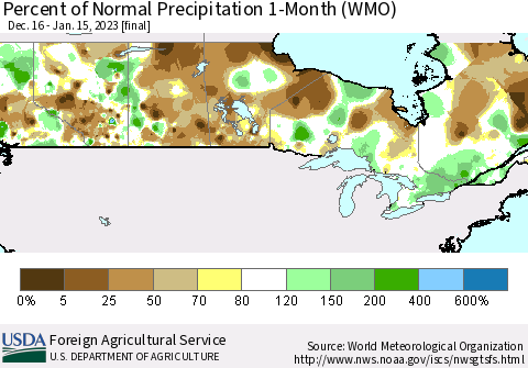 Canada Percent of Normal Precipitation 1-Month (WMO) Thematic Map For 12/16/2022 - 1/15/2023