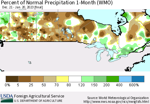 Canada Percent of Normal Precipitation 1-Month (WMO) Thematic Map For 12/21/2022 - 1/20/2023