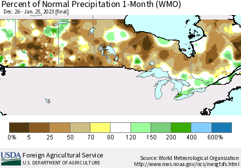 Canada Percent of Normal Precipitation 1-Month (WMO) Thematic Map For 12/26/2022 - 1/25/2023
