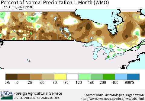Canada Percent of Normal Precipitation 1-Month (WMO) Thematic Map For 1/1/2023 - 1/31/2023