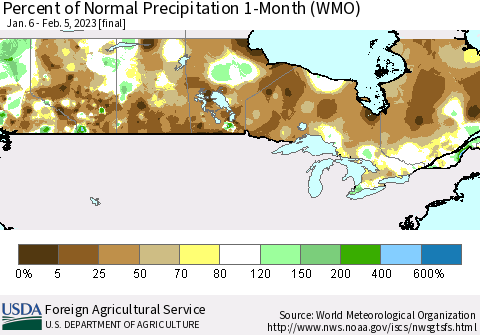 Canada Percent of Normal Precipitation 1-Month (WMO) Thematic Map For 1/6/2023 - 2/5/2023