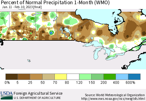 Canada Percent of Normal Precipitation 1-Month (WMO) Thematic Map For 1/11/2023 - 2/10/2023