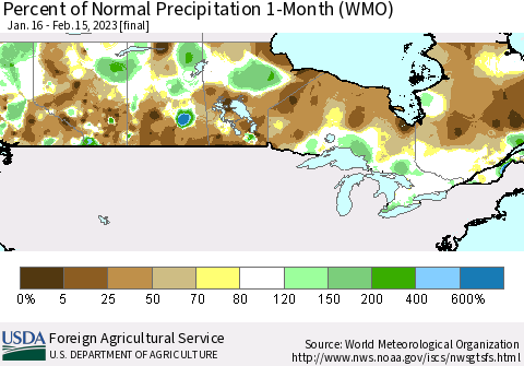 Canada Percent of Normal Precipitation 1-Month (WMO) Thematic Map For 1/16/2023 - 2/15/2023