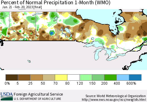Canada Percent of Normal Precipitation 1-Month (WMO) Thematic Map For 1/21/2023 - 2/20/2023