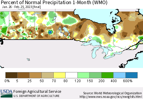 Canada Percent of Normal Precipitation 1-Month (WMO) Thematic Map For 1/26/2023 - 2/25/2023