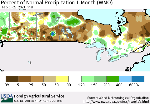 Canada Percent of Normal Precipitation 1-Month (WMO) Thematic Map For 2/1/2023 - 2/28/2023