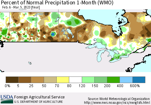 Canada Percent of Normal Precipitation 1-Month (WMO) Thematic Map For 2/6/2023 - 3/5/2023