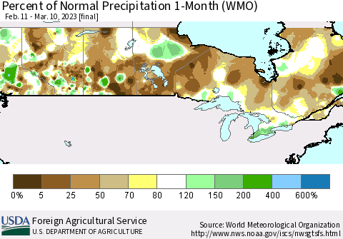 Canada Percent of Normal Precipitation 1-Month (WMO) Thematic Map For 2/11/2023 - 3/10/2023