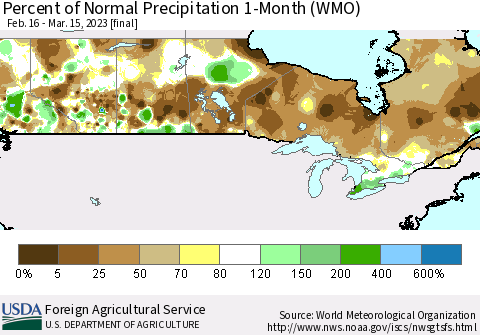 Canada Percent of Normal Precipitation 1-Month (WMO) Thematic Map For 2/16/2023 - 3/15/2023