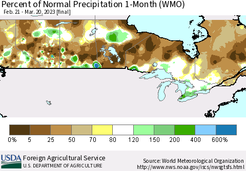 Canada Percent of Normal Precipitation 1-Month (WMO) Thematic Map For 2/21/2023 - 3/20/2023
