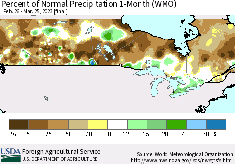 Canada Percent of Normal Precipitation 1-Month (WMO) Thematic Map For 2/26/2023 - 3/25/2023