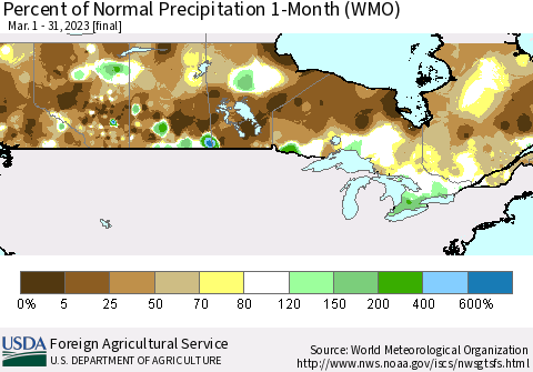 Canada Percent of Normal Precipitation 1-Month (WMO) Thematic Map For 3/1/2023 - 3/31/2023