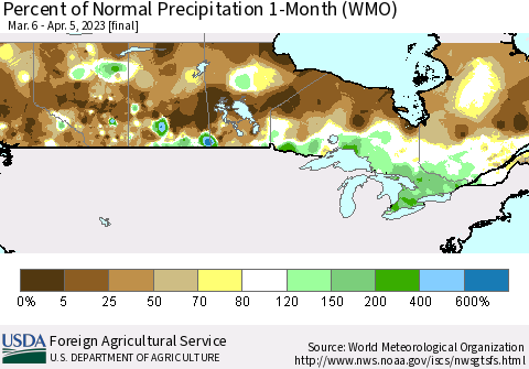 Canada Percent of Normal Precipitation 1-Month (WMO) Thematic Map For 3/6/2023 - 4/5/2023