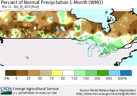 Canada Percent of Normal Precipitation 1-Month (WMO) Thematic Map For 3/11/2023 - 4/10/2023