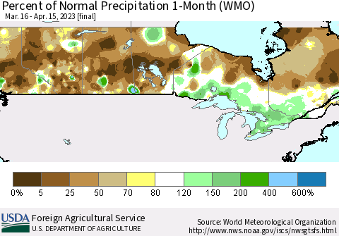 Canada Percent of Normal Precipitation 1-Month (WMO) Thematic Map For 3/16/2023 - 4/15/2023