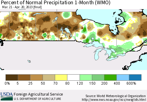 Canada Percent of Normal Precipitation 1-Month (WMO) Thematic Map For 3/21/2023 - 4/20/2023