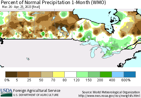 Canada Percent of Normal Precipitation 1-Month (WMO) Thematic Map For 3/26/2023 - 4/25/2023