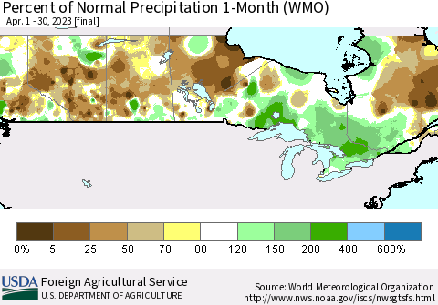 Canada Percent of Normal Precipitation 1-Month (WMO) Thematic Map For 4/1/2023 - 4/30/2023