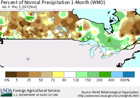 Canada Percent of Normal Precipitation 1-Month (WMO) Thematic Map For 4/6/2023 - 5/5/2023