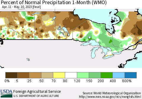 Canada Percent of Normal Precipitation 1-Month (WMO) Thematic Map For 4/11/2023 - 5/10/2023