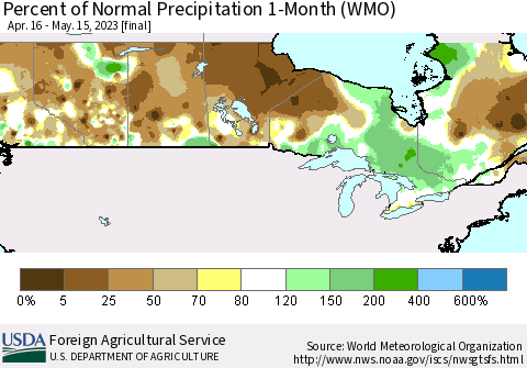 Canada Percent of Normal Precipitation 1-Month (WMO) Thematic Map For 4/16/2023 - 5/15/2023