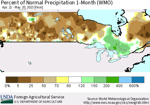 Canada Percent of Normal Precipitation 1-Month (WMO) Thematic Map For 4/21/2023 - 5/20/2023
