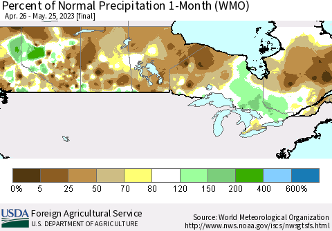 Canada Percent of Normal Precipitation 1-Month (WMO) Thematic Map For 4/26/2023 - 5/25/2023