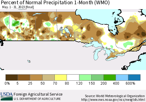 Canada Percent of Normal Precipitation 1-Month (WMO) Thematic Map For 5/1/2023 - 5/31/2023