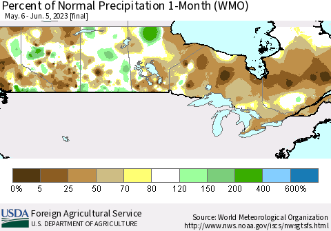 Canada Percent of Normal Precipitation 1-Month (WMO) Thematic Map For 5/6/2023 - 6/5/2023